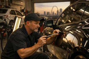 Car repair in golden light