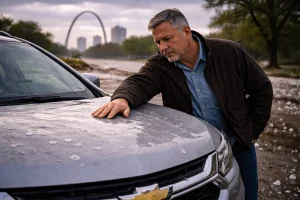 Inspecting hail damage by the Gateway Arch
