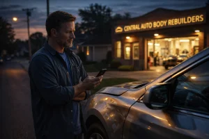 Man with damaged car at dusk