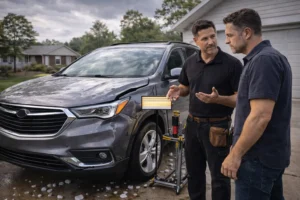 Auto technician inspects SUV damage in St. Louis