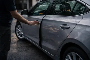 Inspecting the silver sedan's details