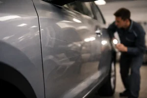 Reflections and scratches on silver car