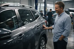 Smiling man by polished gray SUV