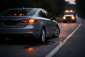 Tow truck approaches a stranded sedan