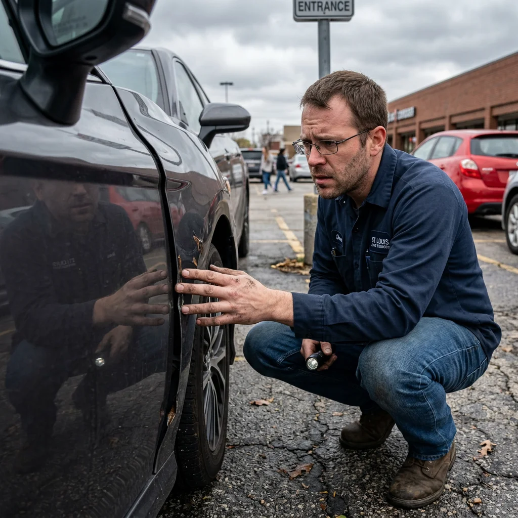A man checking out for damage on a car
