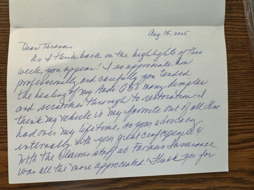 A thank you note from a satisfied CAB customer